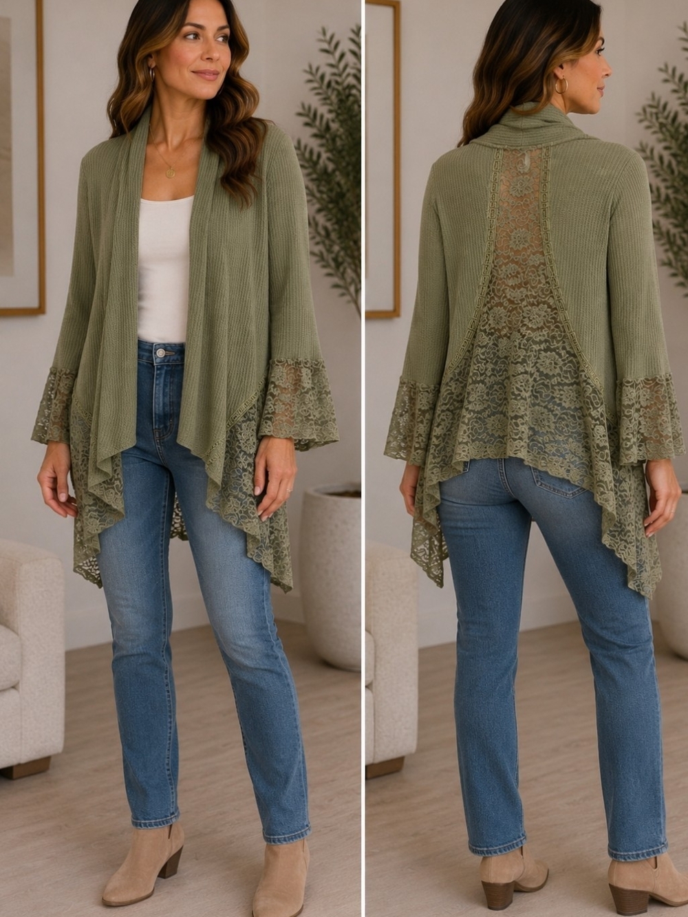 Forgotten Grace Olive Green Lace Cardigan XL Boho Cottagecore Romantic Duster